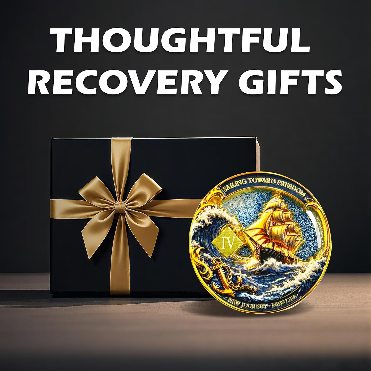 Sobriety Coin with Liquid Sand, Recovery Ship Challenge Coin, One Day at a Time AA Token, Through Every Storm I Rise Stronger Medallion Recovery Gift (Liquid Sand Ship Sobriety, 4 Years)