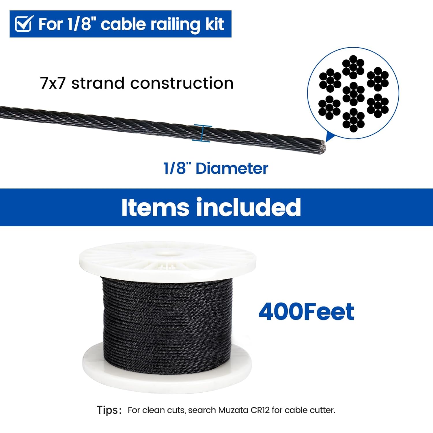 Muzata 400 ft 1/8" Black Stainless Steel Cable Railing System Hardware T316 Stainless Steel Wire Rope 7x7 Strands 1800 lb Breaking Strength Black Cable Railing Kit for Indoor Outdoor WR19