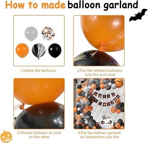 Miniatura 8 de Kit de arco de globos de Halloween de diferentes tamaños de 18125 pulgadas, globos negros y naranjas con globos de calabaza y gato, calcomanías de