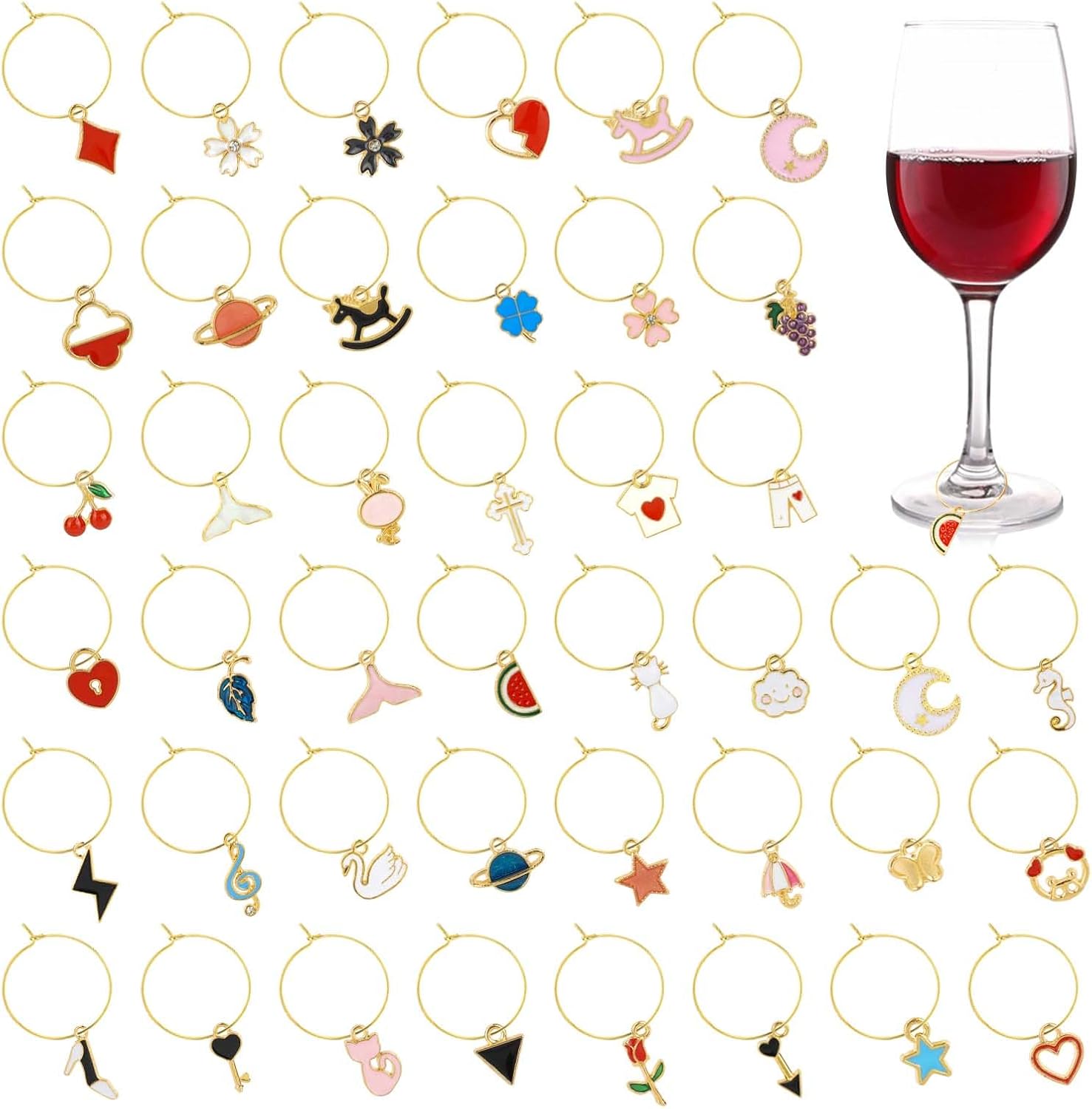 OOTSR 40pcs Wine Glass Charms, Glasses Markers for Stem Glasses Cups, Identifier Drink Labels for Wine Tasting Party Decorations, Gold, zzzz-s, Zinc, No Gemstone