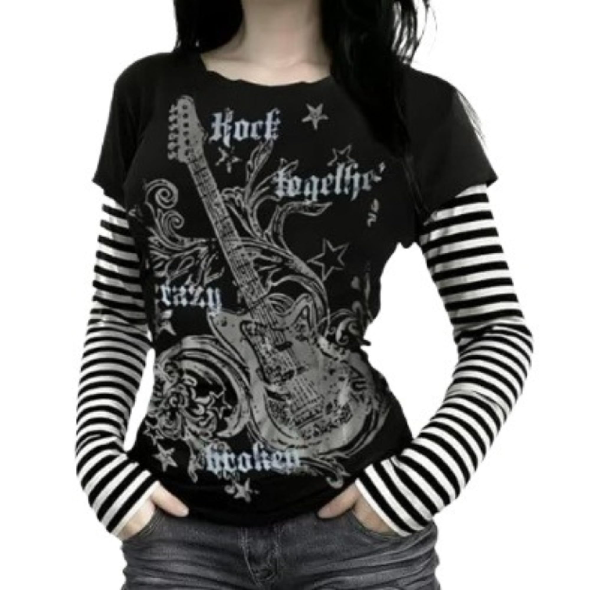 Y2k Grunge Striped Shirts Teen Girls Women Scene Alt 2000s Clothes Long Sleeve Emo Goth Top Vintage Graphic Tees, Black Guitar, S