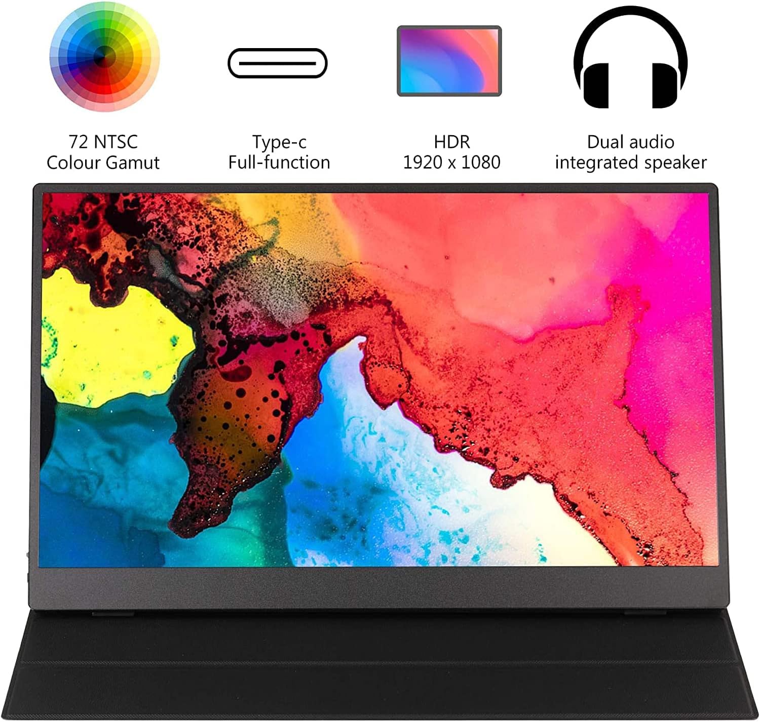 Close-up of the monitor's side showing the Mini HDMI Port, Full Function USB-C Port, 3.5mm Audio Jack, ON/OFF button, and a menu control wheel.