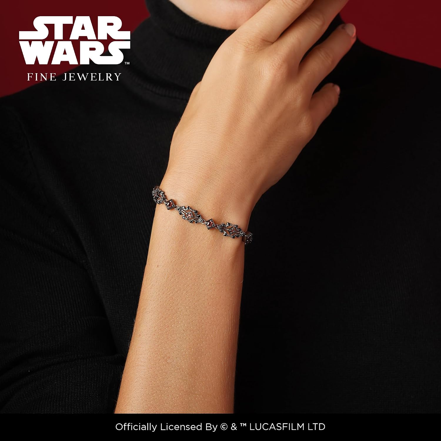 Jewelili Star Wars™ Fine Jewelry DARTH MAUL WOMEN'S BRACELET 1/10 CT.TW. Black Diamonds with Garnet in Sterling Silver with Black Rhodium