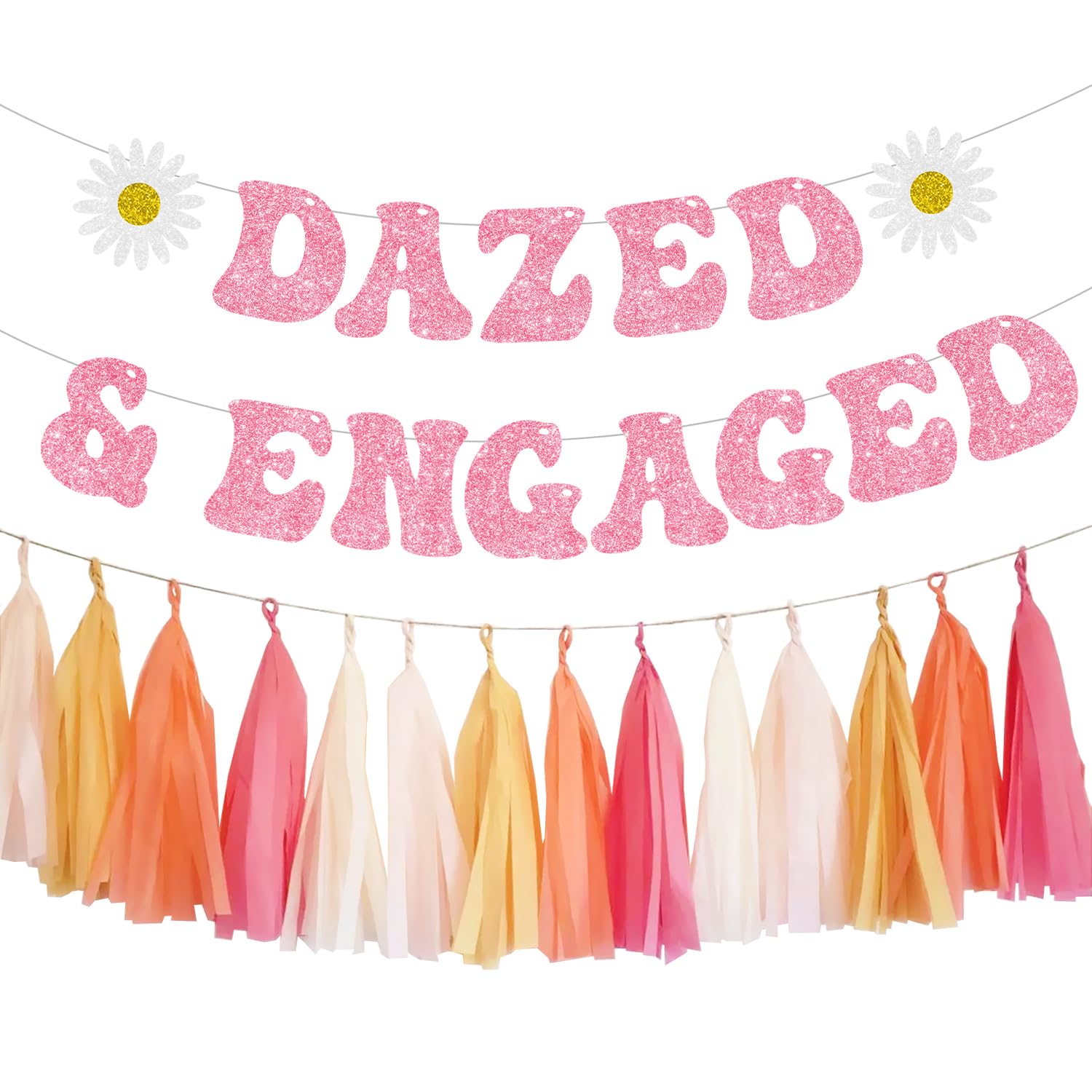 Dazed & Engaged Bachelorette Decorations Groovy Daisy Pink Dazed and Engaged Banner Paper Tassel Banner for Bridal Shower Engagement Wedding Hippie Party Supplies