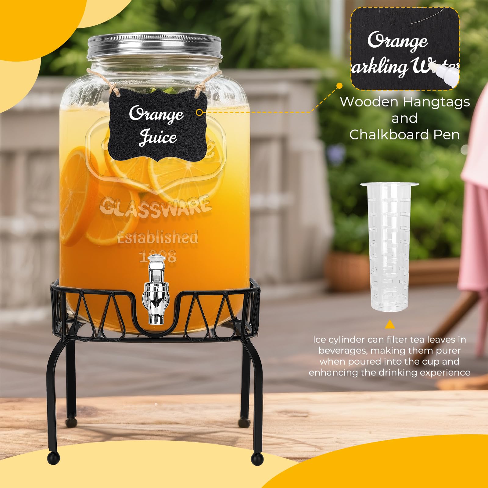 DHSBTLS Dispensadores de bebidas de vidrio de 2 galones, 1 paquete de dispensador de bebidas transparente para fiestas, barbacoas y picnics, dispensador de jugo con núcleo de hielo, soporte negro