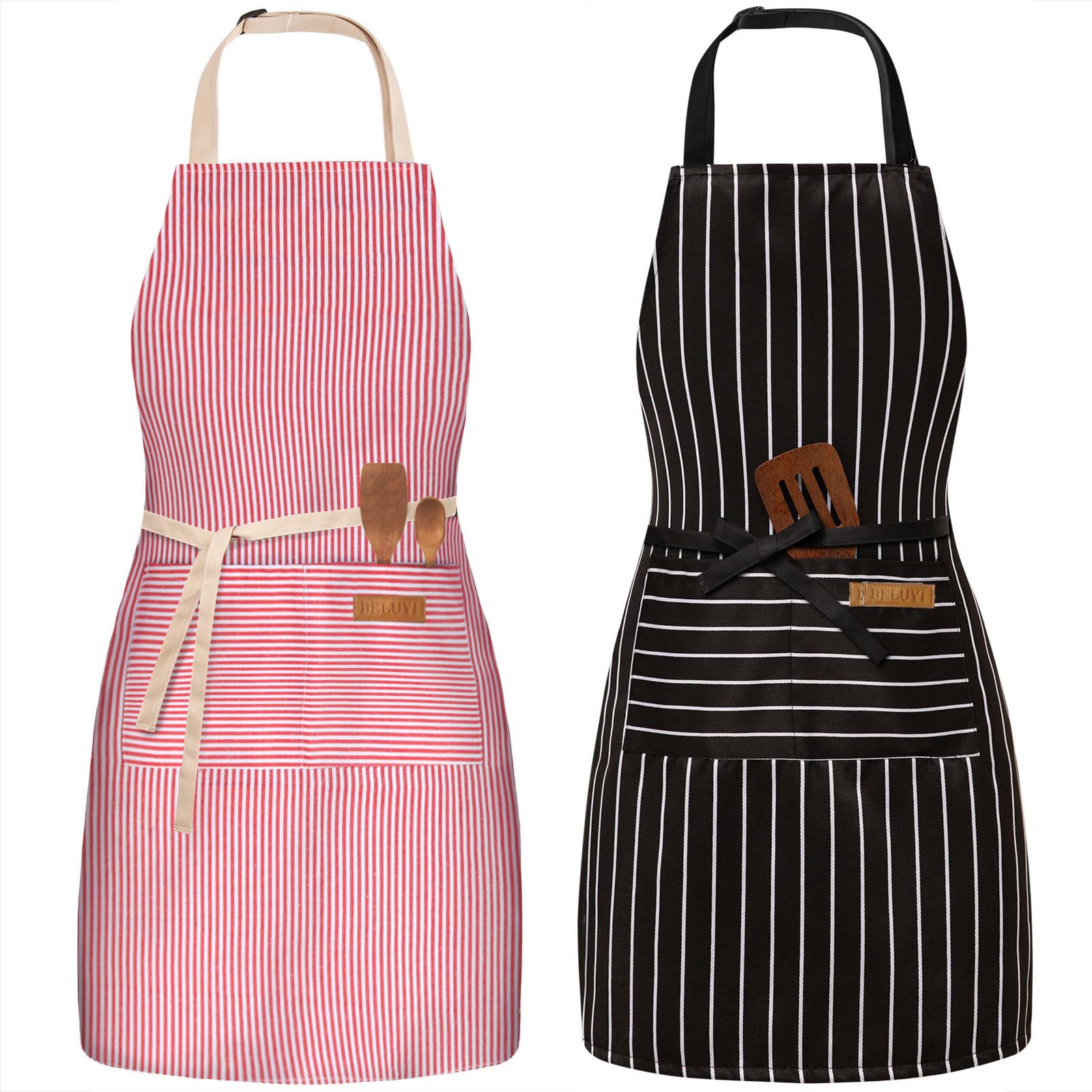 BeLuyi 2 Pack Adjustable Bib Apron with 2 Pockets Chef Cooking Kitchen Restaurant Aprons for Women Men (Red/Black Stripes) - aprons | Mubboo