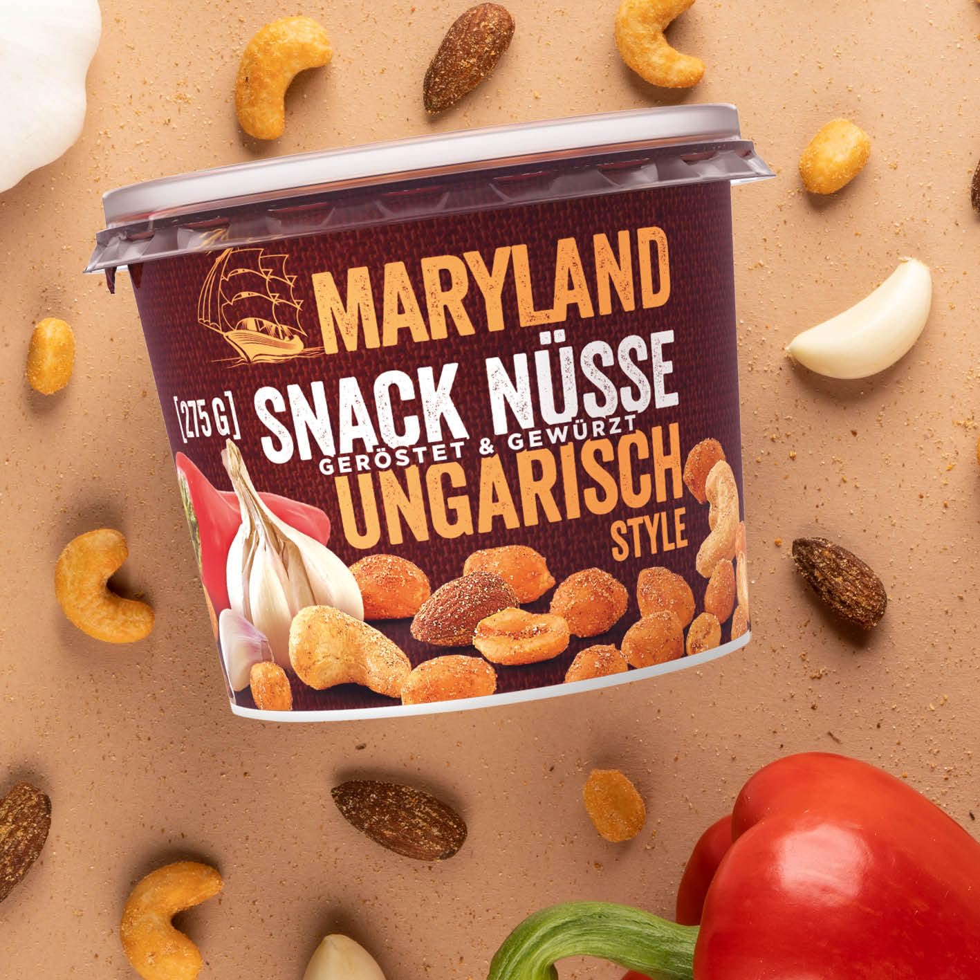Maryland Snack Nüsse Ungarisch Style – Knackige Nüsse mit der typischen Würzung aus Paprika, Zwiebel und Knoblauch – Voller Snack-Genuss (1 x 275g)