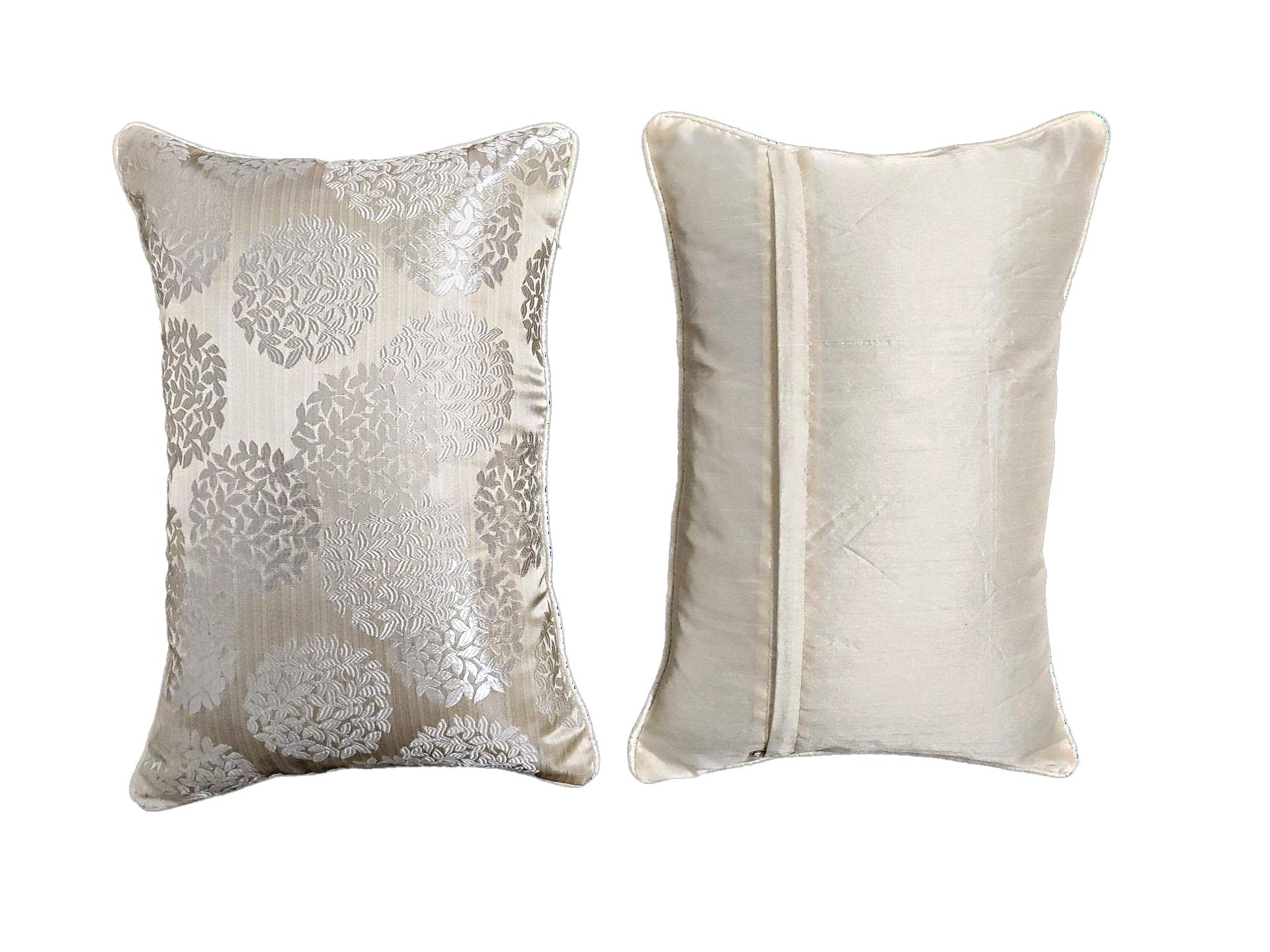 MONKDECORSilk Round Leave Dessign Cushion Cover 12x18 Inches (Cream) Set of 2 Pieces