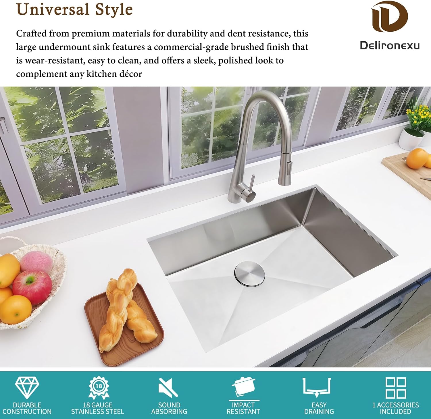 30 inch undermount kitchen sink - delironexu 18 gauge stainless steel single bowl kitchen sinks 30"x18"x9" handmade design with brushed, includes drain kit (no additional accessories) stainless steel 30x18x9 undermount 18 gauge