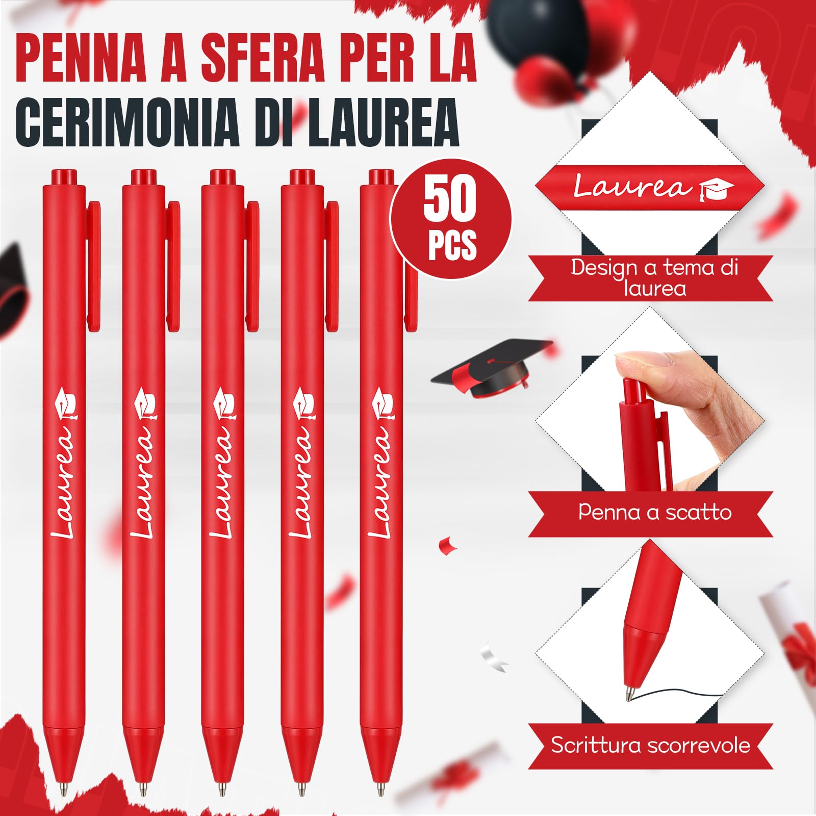 BBTO 50 Set Regalo Laurea 50 Segnaposti Segnalibri Laurea Bigliettini Bomboniera 50 Penna a Sfera Rossa con 1 Rotolo di Nastro Rosso Gadget Addobbi Decorazione Tavolo Inviti Classe Insegnanti Finire