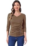 Women's V Neck Blouse 3/4 Sleeves Solid Knitted Buttons Decor Ruched Top