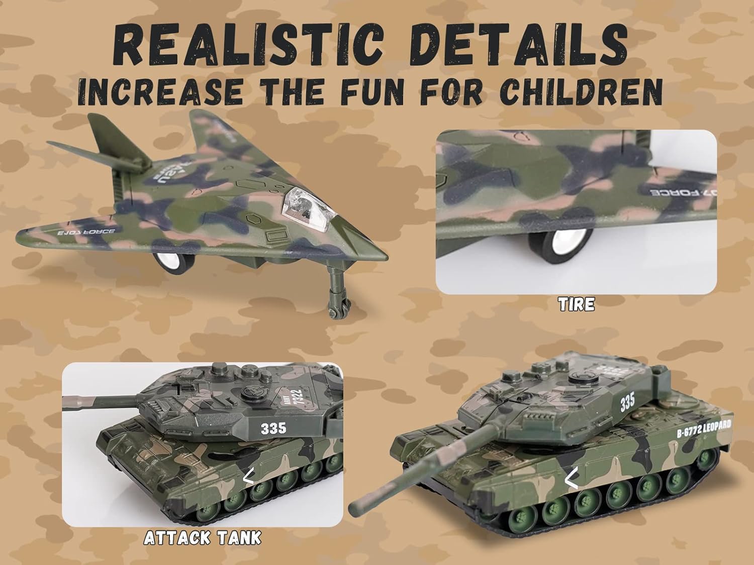 Crelloci 5 Pack Die Cast Fighter Jet Tank Toy, Pull Back Army Toys Vehicle Set, Camouflage Bomber Airplane Tank Vehicles, Military Air Force Playset for Kids Toddlers, Boys Age 3+ (A)