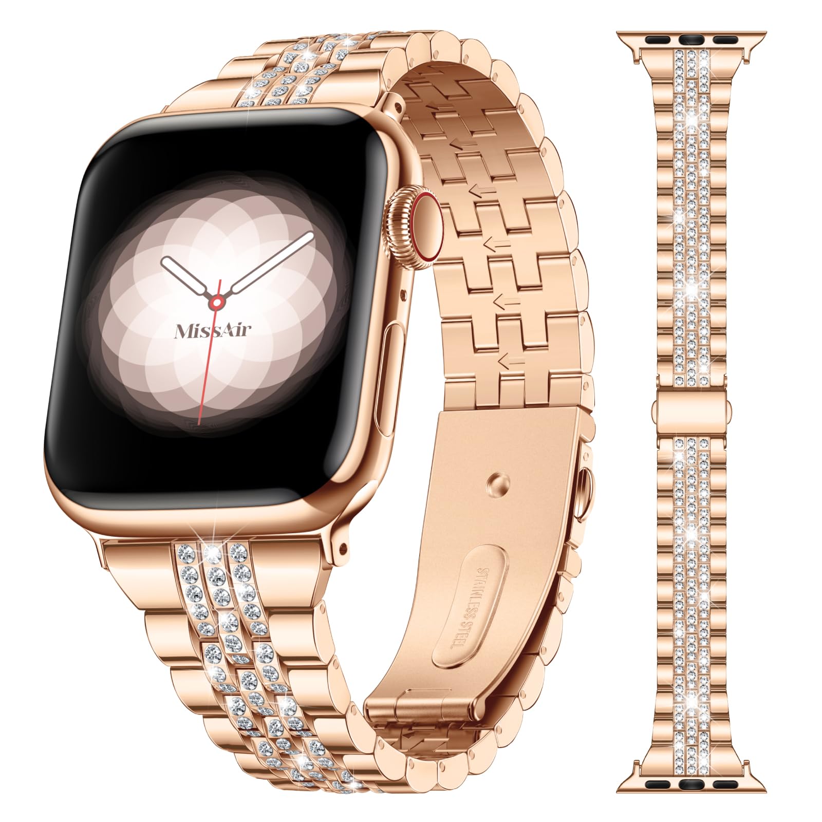 Missair Bling Bands Compatible With Apple Watch Band 38mm 40mm 41mm 42mm 44mm 45mm 46mm 49mm Women, Upgraded Buckle Replacement Bracelet Metal Strap