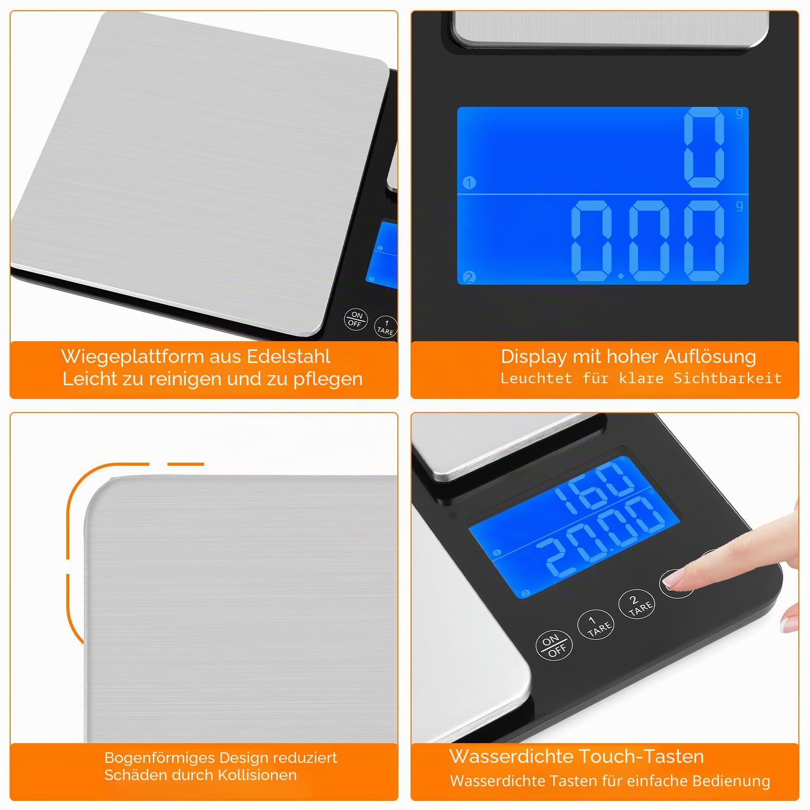 Küchenwaage mit Dualer Plattform, 15kg/1g & 500g/0.01g, Küchenwage mit 7 Einheiten, Summierungsfunktion und Tara Funktion, Kitchen Scale, Waage Küche zum Backen und Kochen