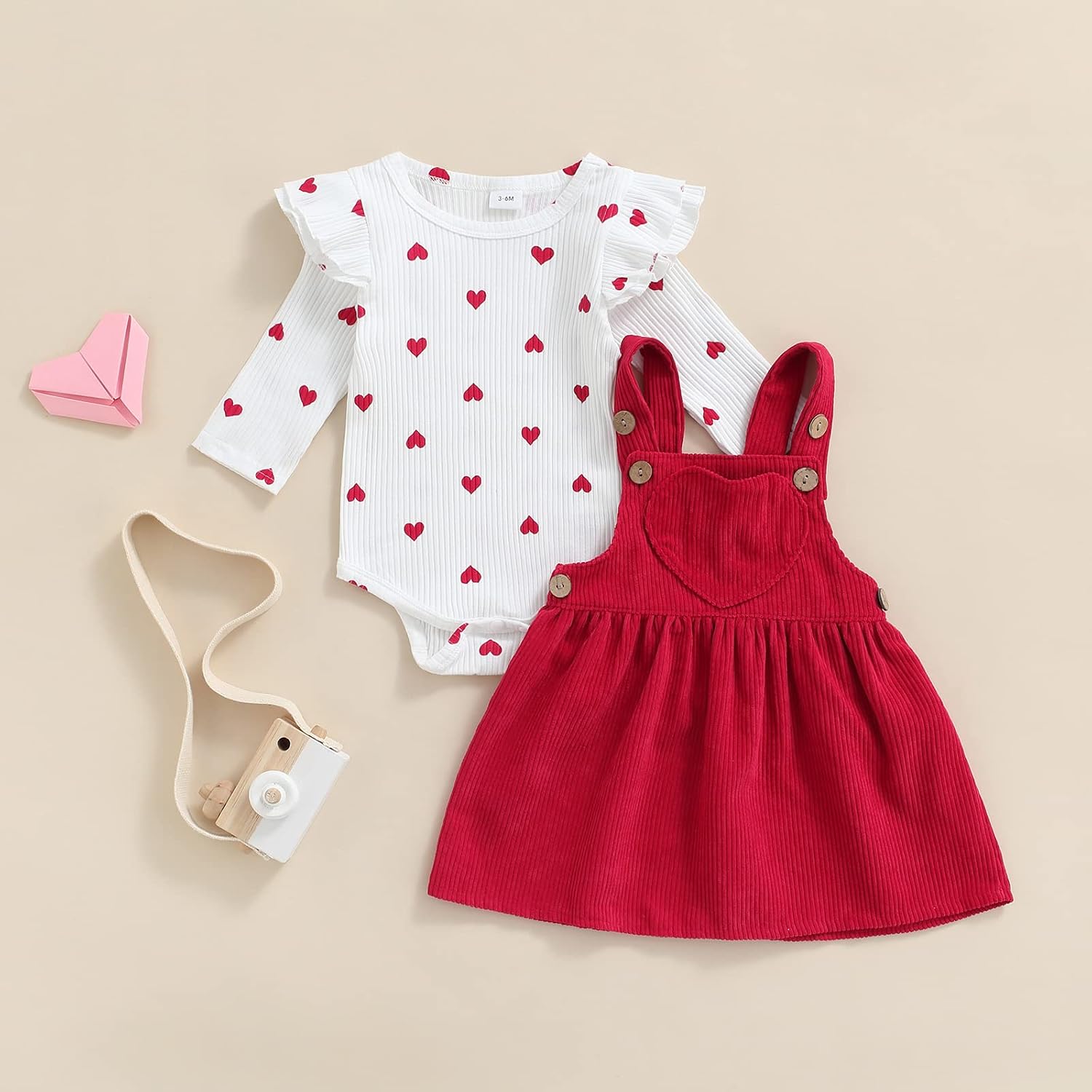 Nrmvnmi Newborn Baby Girl Princess Dress Fox Love Heart Print Ruffle Long Sleeve Jumpsuit Fox Suspender Skirt Butterfly Headband Three Piece Set Infa