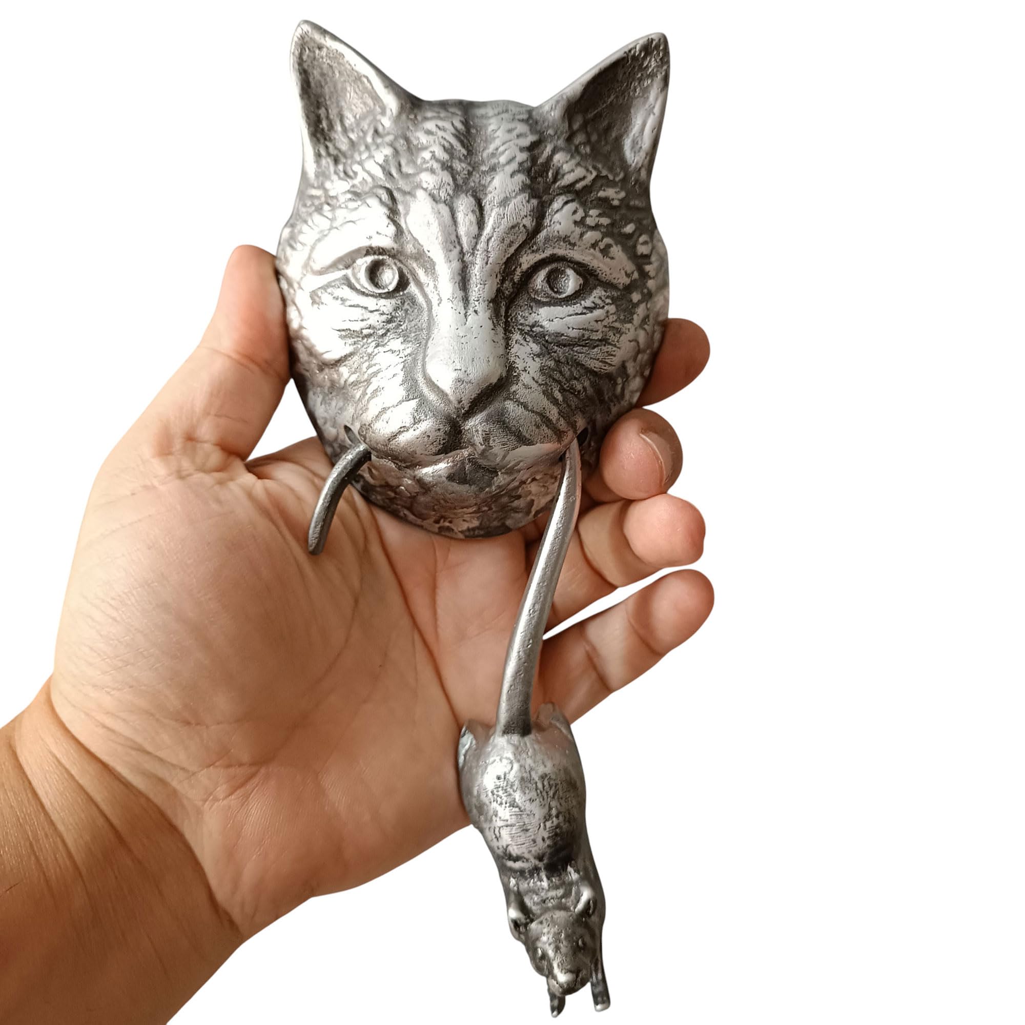 Anatolica Cat and Mouse Door Knocker, Solid Brass, 8.7 inches, Front Door Ornament (Antique Silver)