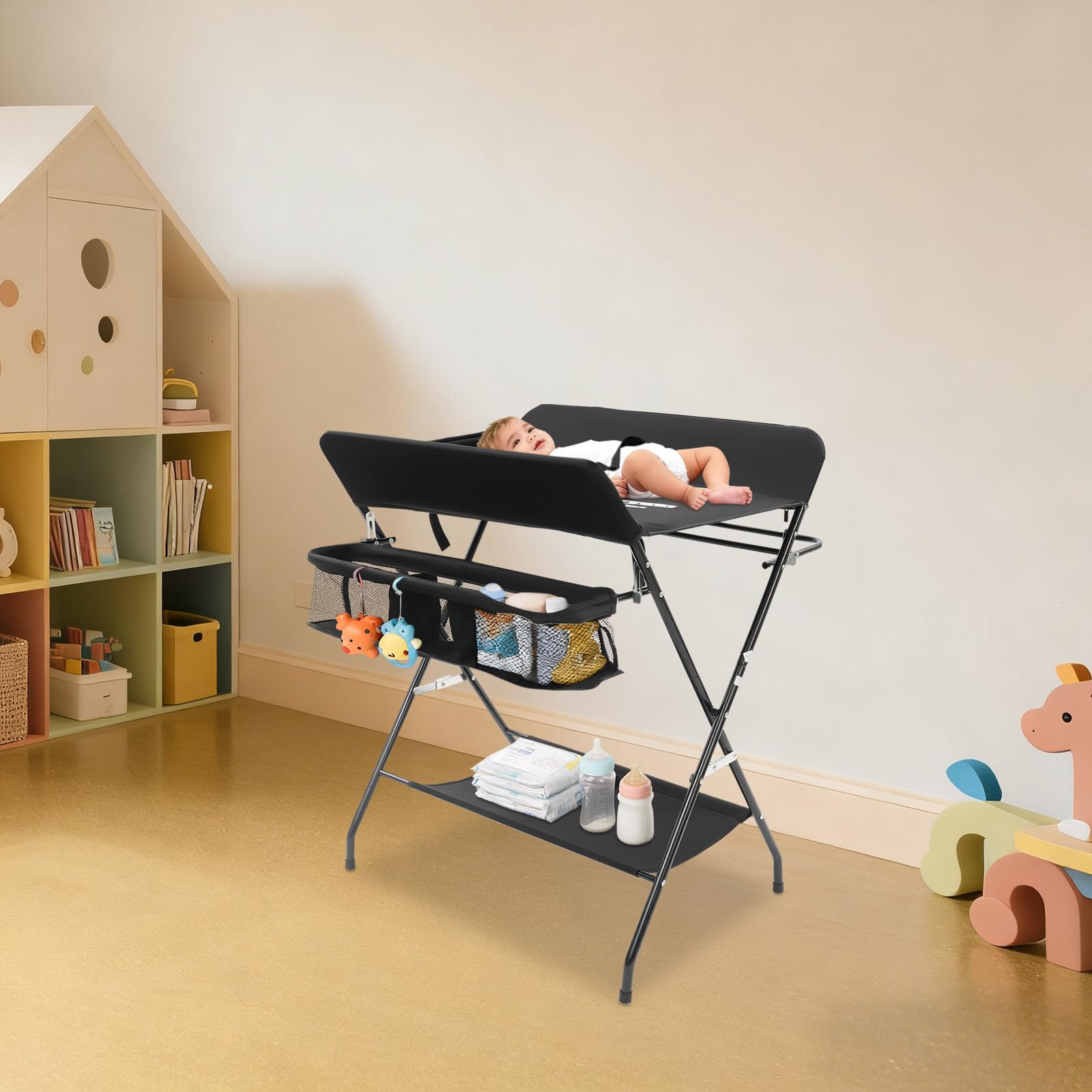 Cambiador de pañales, cambiador plegable negro, estación de cambio portátil, altura ajustable, adecuada para cambiar pañales, secar ropa y almacenamiento