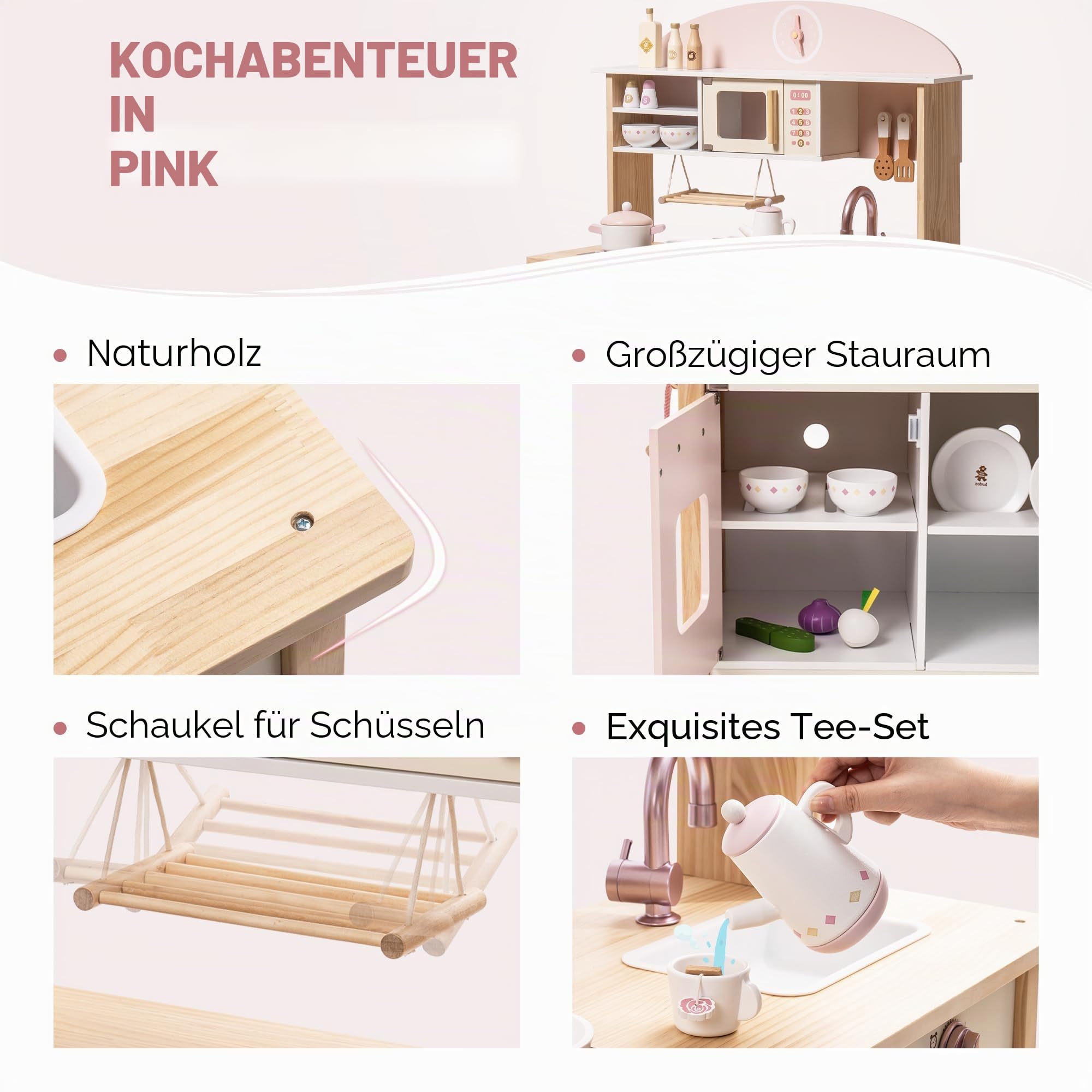 ROBUD Spielküche für Kinder Kleinkinder, Spielküche aus Holz mit realistischem Zubehör, Spielzeugküche Set mit vielen Spielfunktionen, moderner Stil Spielzeugküche für Mädchen & Jungen, Geschenk ab 3