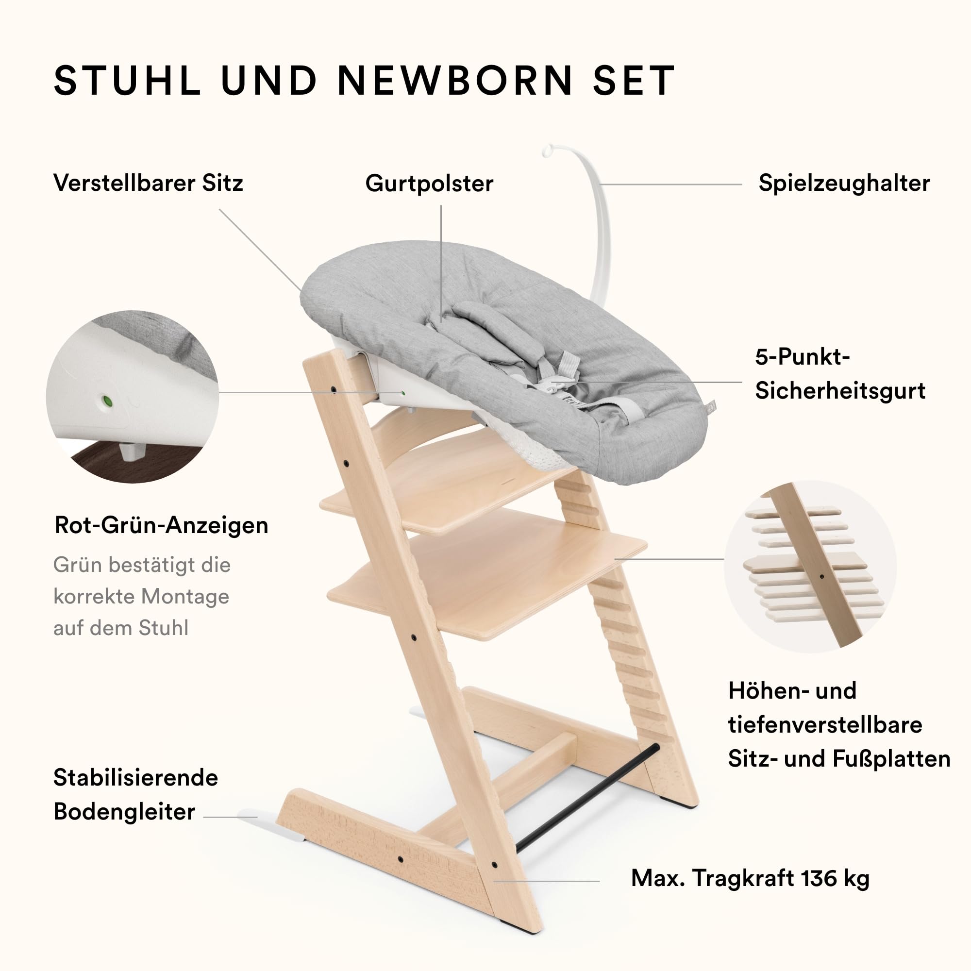 Stokke Tripp Trapp Stuhl mit Newborn Set und Baby Set, Natürlich - Sicher, verstellbar, ergonomisches Design