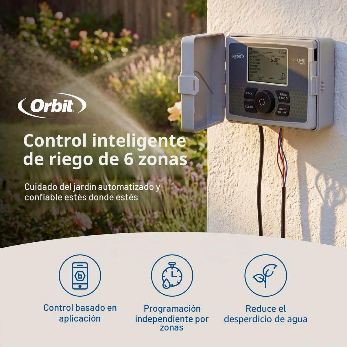 Orbit 57946 B-hyve - Controlador Inteligente de Sistema de rociadores WiFi para Interiores y Exteriores de 6 Estaciones