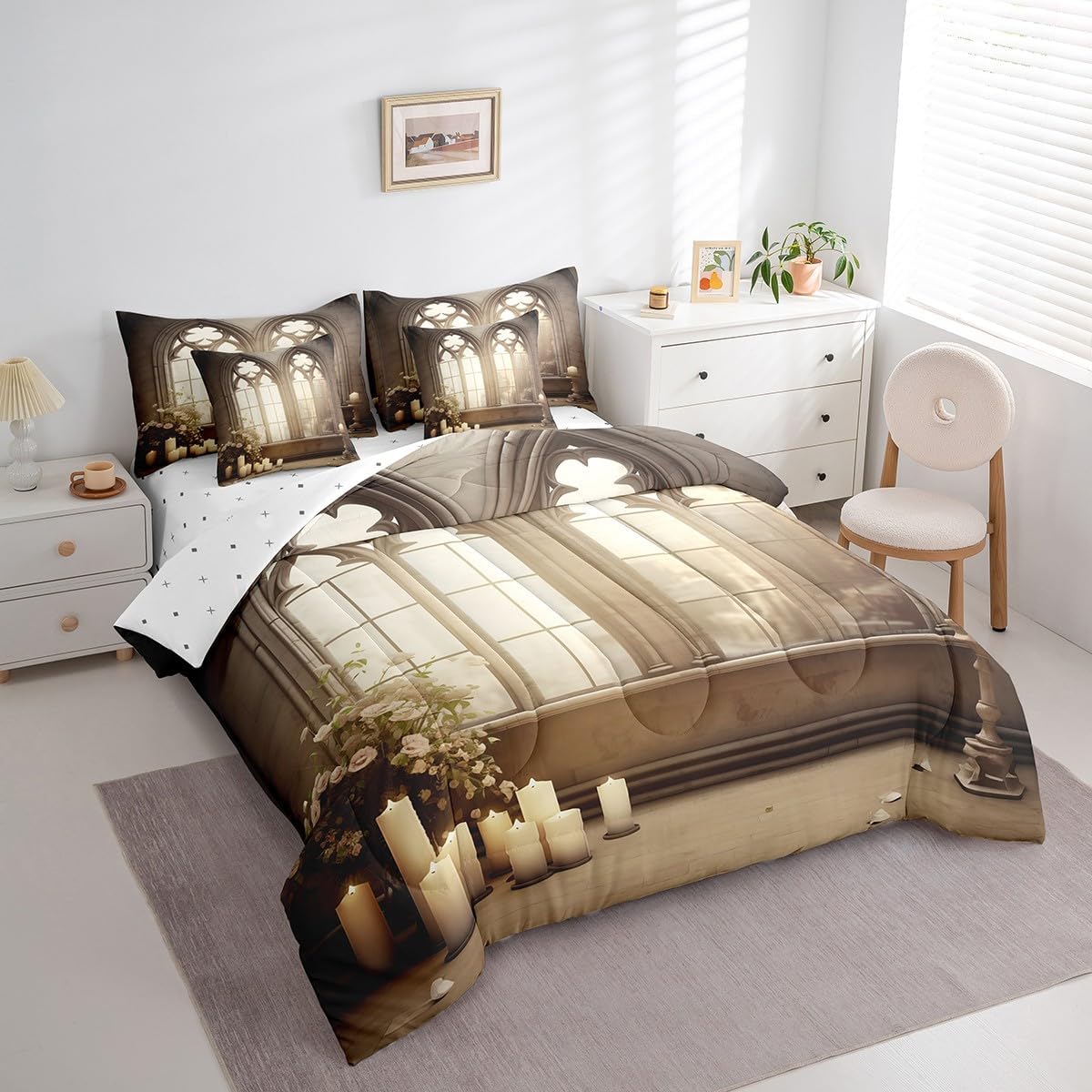 Erosebridal Garden 7 Pcs Comforter Set Queen, Medieval Castle Bedding for Kids, Mysterious European Romantic Flowers Sheet Set Bed in A Bag Ancient Building Window Florals Botanical Duvet Insert