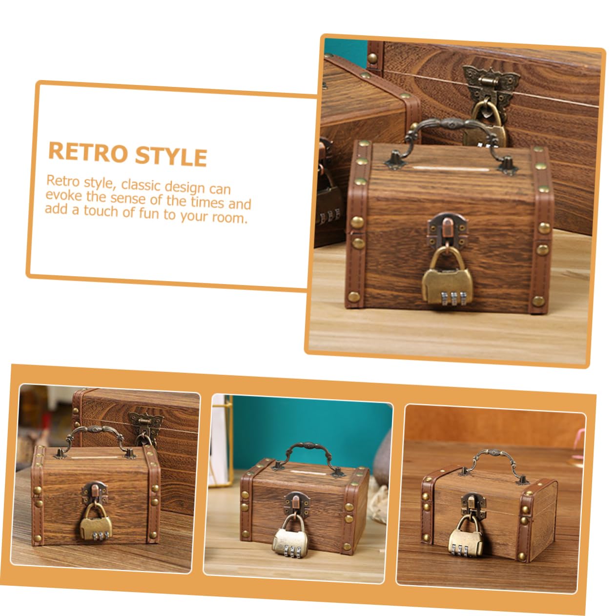 KICHOUSE Wooden Coin Bank Lock Retro Trinket Case Pirate Treasure Box Storage Box for Jewelry for Boys and Girls' Savings