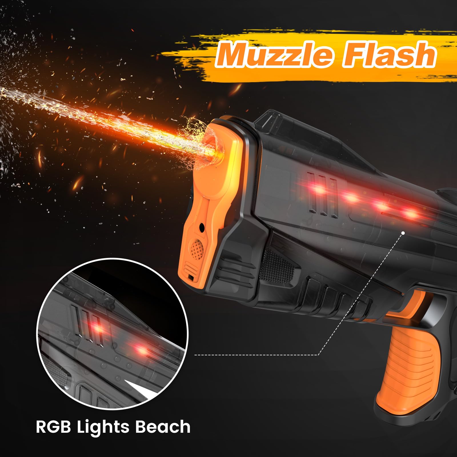 Electric Water Gun for Adults & Kids with Colorful LED Light,Automatic Fill Up Water Blaster Squirt Guns with Flashing Head,Range up to 32FT, Summer Outdoor Toy for Swimming Pool Beach Party (Black) - 3