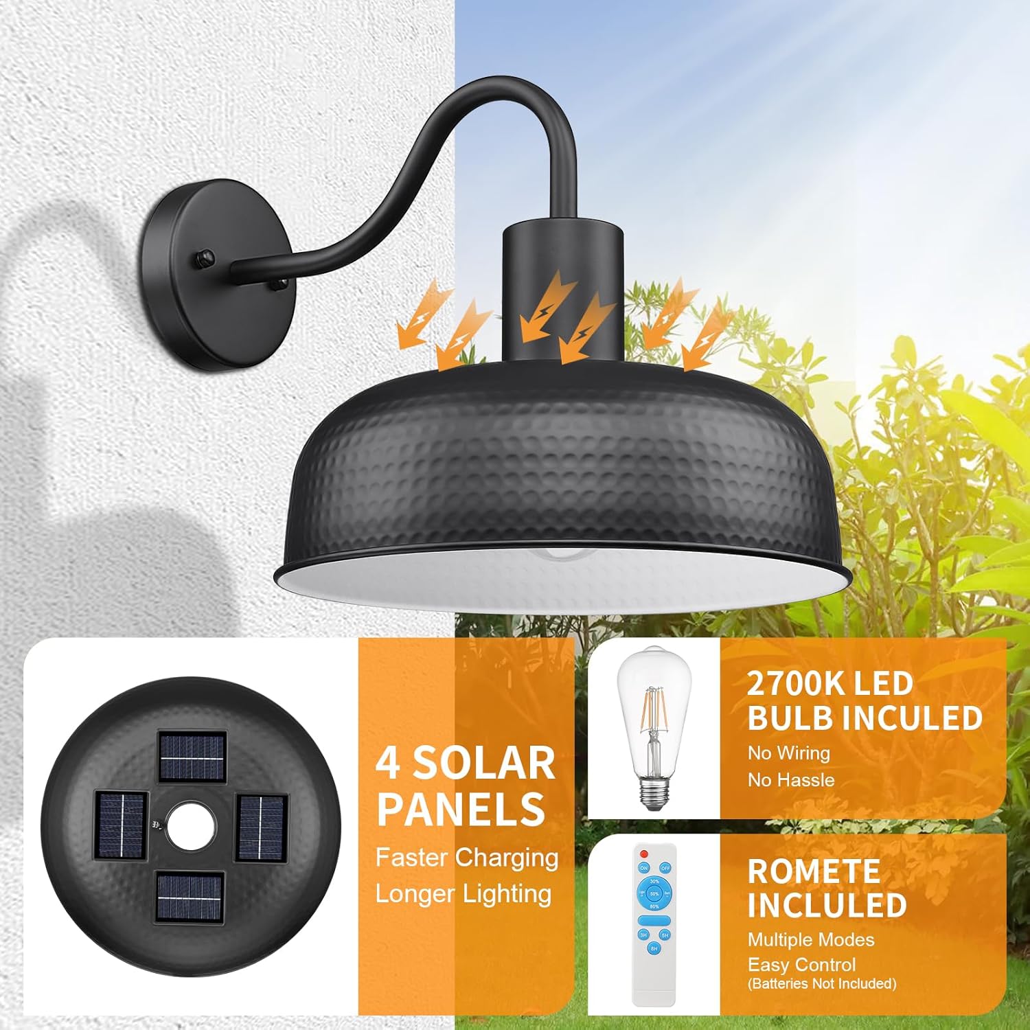 Darkaway Solar Barn Light, Industrial Outdoor Wall Light Dusk to Dawn Wall Sconce Gooseneck Exterior Wall Mount Lighting Fixture with Hammered Dome Metal Shade for House Garage Porch Shed Hallway