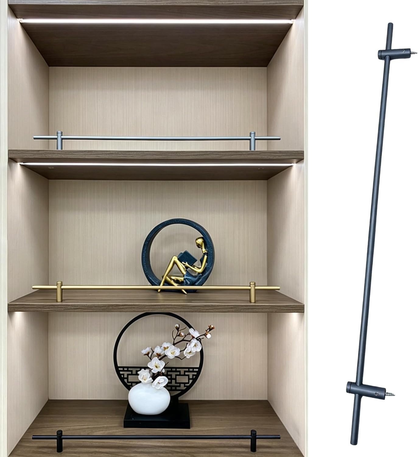 Metal Shelf Rail for Wood Shelves, 14~36 Inch Long Aluminum Alloy Round Tube Barrier Decorative Rod Anti-Fall Guard Fence for Bookshelf, Shoe Racks, Kitchen Cabinets.10Pack