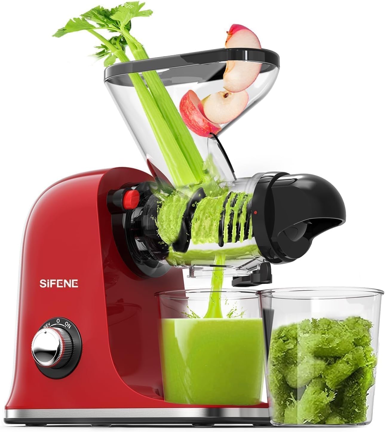 SiFENE Cold Press Juicer Machine, Slow Masticating Juicer, Vegetable and Fruit Juice Extractor Maker Squeezer, Easy to Clean, Non-BPA, Red