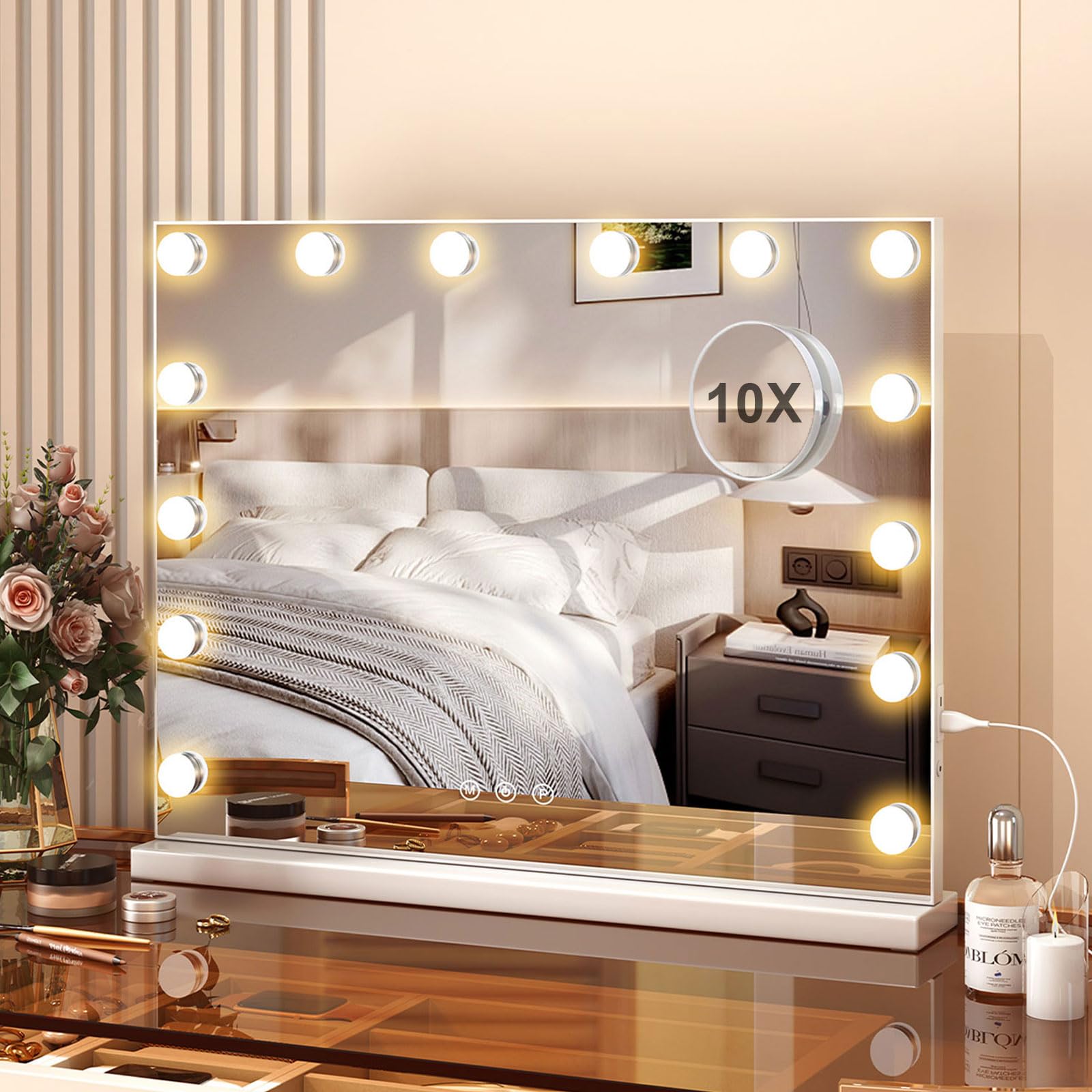 Make-up spiegel met verlichting, 50x40 cm, Grote wandmake-up spiegel met 14 LED-lampen, 3 verlichtingsmodi, met USB en 10x vergroting, make-up spiegel met verlichting - Wit