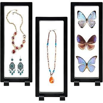 AMJKEJI Pack of 3 Floating Frame Floating Frame 3 D Display Frame Coin Frame with Base Display Case for Ring Necklace Bracelet Earring Coins Medals Butterfly Storage 23 x 9 x 2 cm Black
