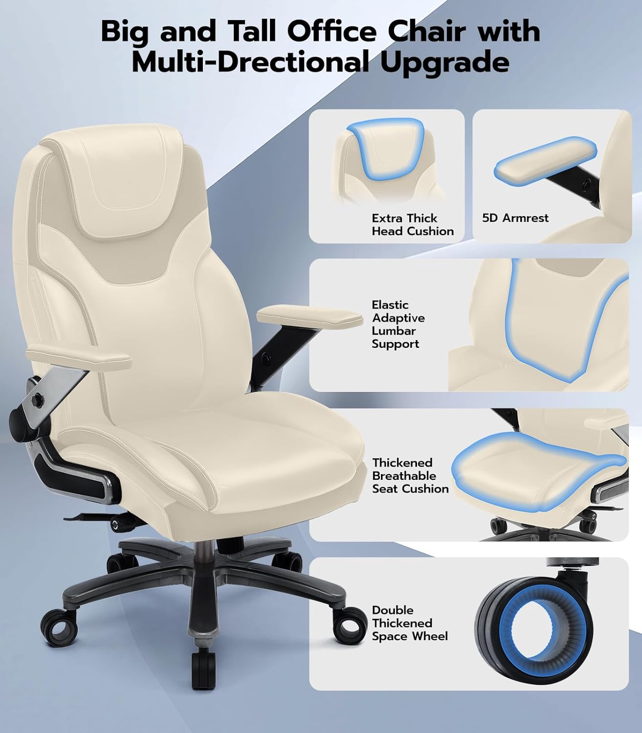 Big and Tall Office Chair with 5D Arms, Fabric and PU Leather Ergonomic Executive Home Office Chair with Adjustable Lumbar Support, Heavy Duty Desk Chair with 3'' Silent Casters (Elegant Beige)