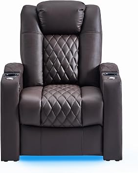 comfiroom Top Grain Leather Home Theater Seating, Classic Series Game Seats Movie Recliner Theater Chairs Recliner Sofa with Type-C Charger Bedroom Sofa Chair for Living Room Brown, Row of 1
