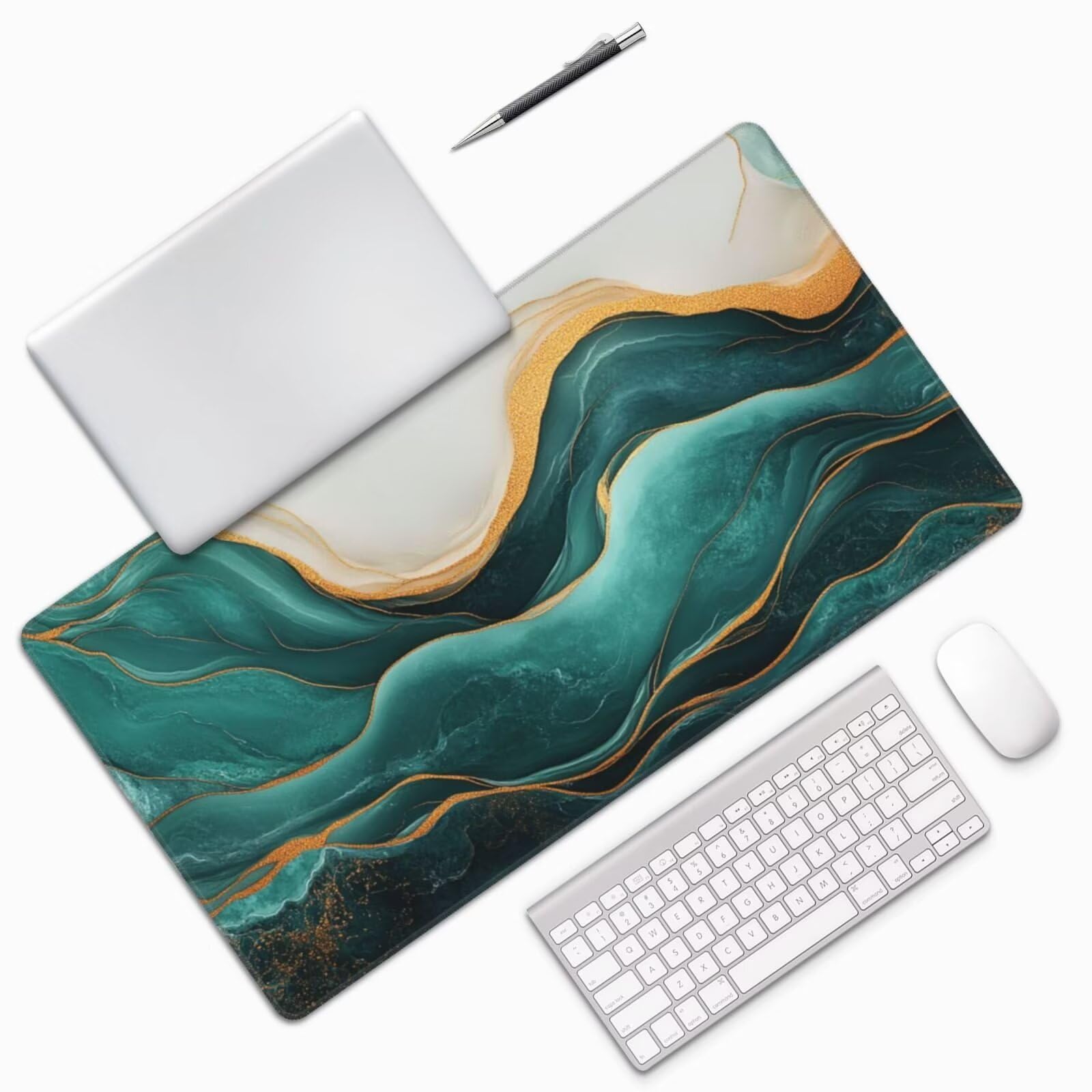 Gaming Mauspad XXL,900 x 500 x 3mm Mousepad Verlängertes Groß Mauspad Schreibtischauflage,Genähte Kanten rutschfeste Gummibasis,Verbessert Präzision und Geschwindigkeit Home Office Weiß Grün L-3484