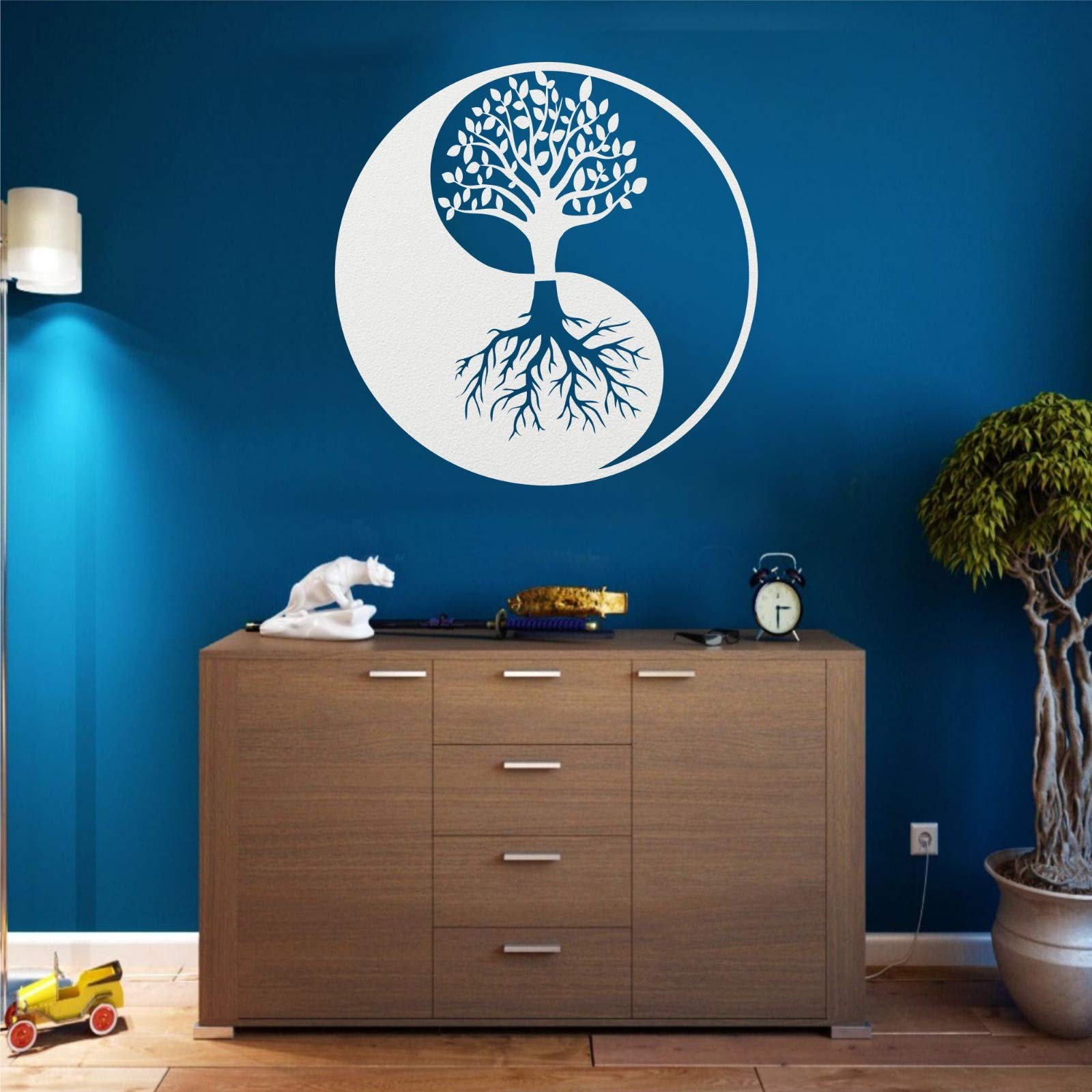 Arte de pared de metal, árbol blanco de la vida, decoración de metal Yin Yang, decoración de pared de metal, decoración de interiores, colgantes de pared (45 x 45 cm)