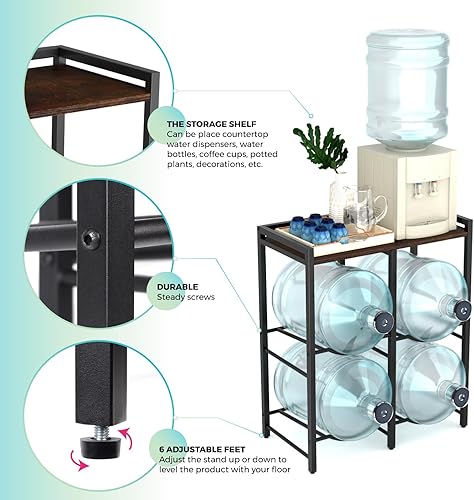Miniatura 5 de Soporte para jarra de agua de 5 galones para 4 botellas con estante superior de madera marrón rústica, soporte para jarra de agua de 5 galones,
