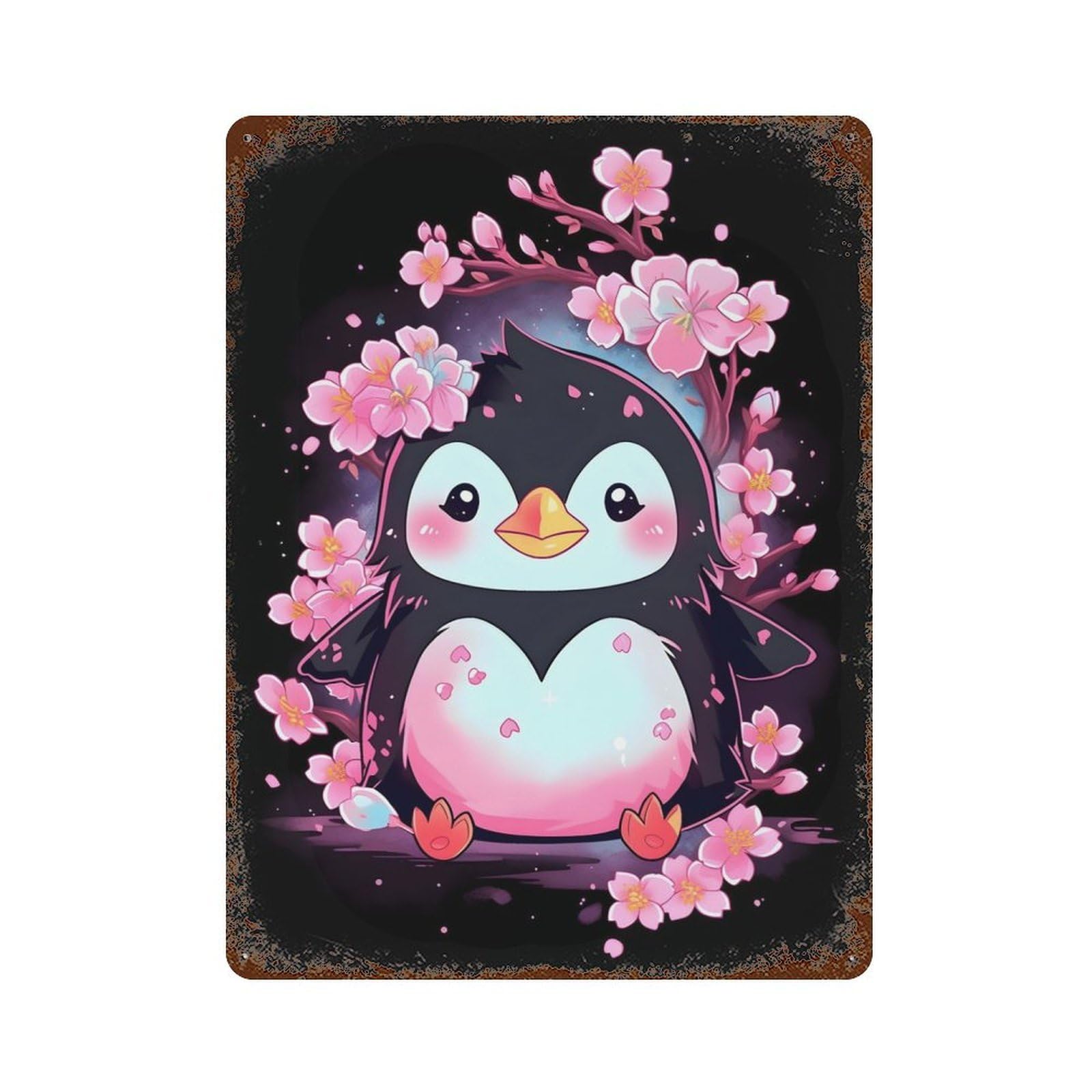 Garage Style Cute Floral Penguin Rusty Metal Tin Sign 15.7"x11.8", Farmhouse Wall Decor for Bar And Workshop