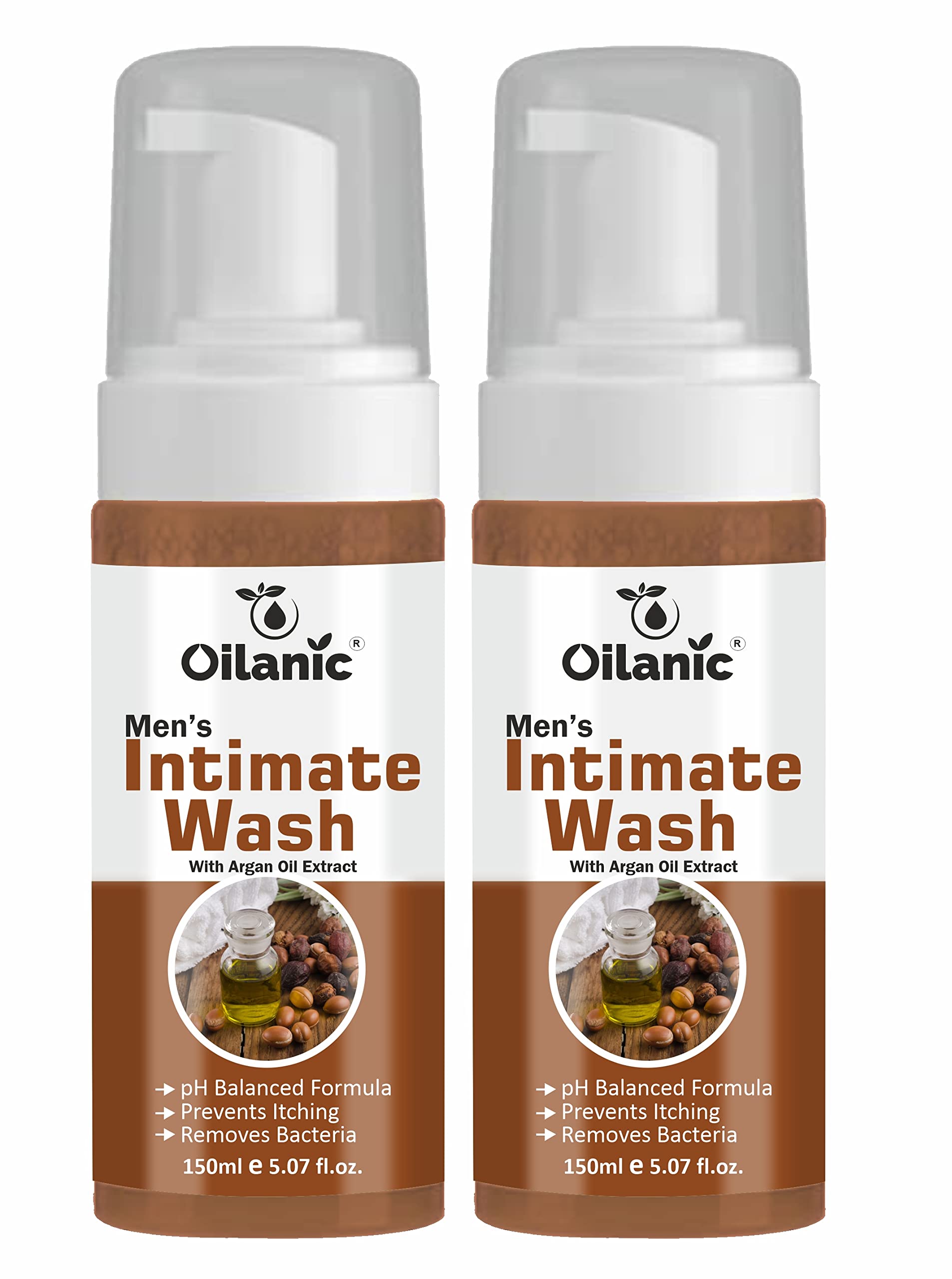 Oilanic Natural Men's Intimate Wash with Argan Extract (Pack of 2, Each 150 ml)|pH-Balanced Hygiene Wash for Daily Freshness and Odor Control Gentle Cleanser for Sensitive Skin Chemical free|