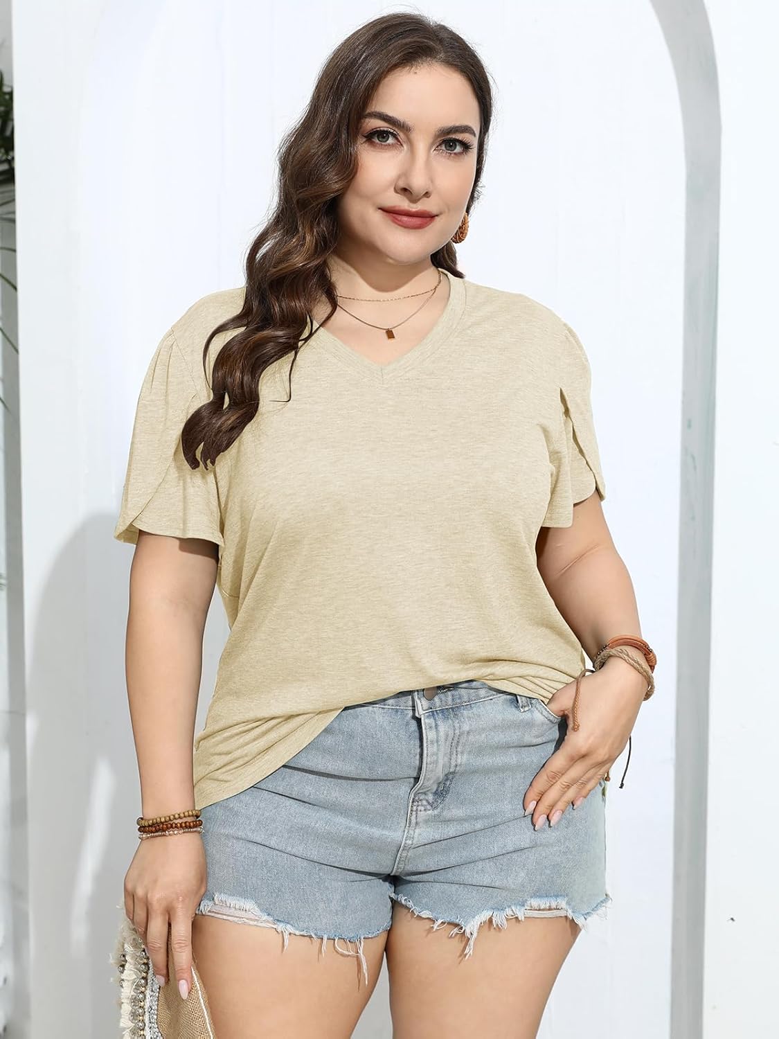 TAKEYAL Women's Plus Size T Shirts Petal Sleeve V Neck Tee Tops Summer Cute Baggy Casual Blouses XL-5XL 2024 - Image 5