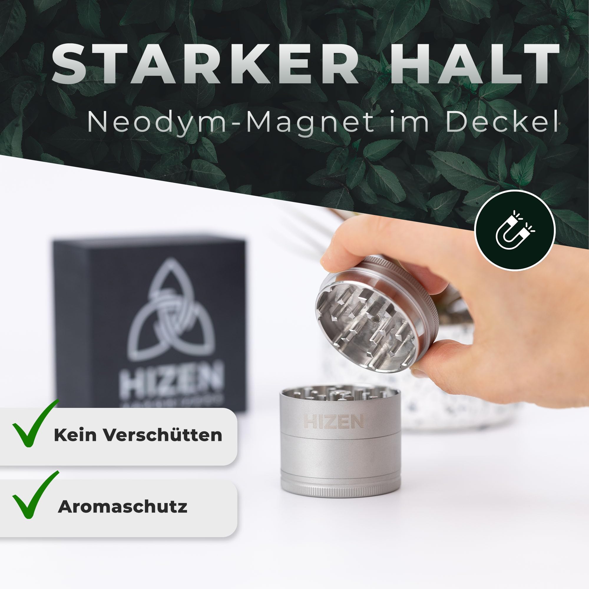 Grinder Edelstahl 4-teilig, unverwüstlicher Crusher mit Pollenfach + Schaber, Kräutermühle, Gewürzmühle - abriebfest, magnetisch - Silber Matt Ø4.9cm