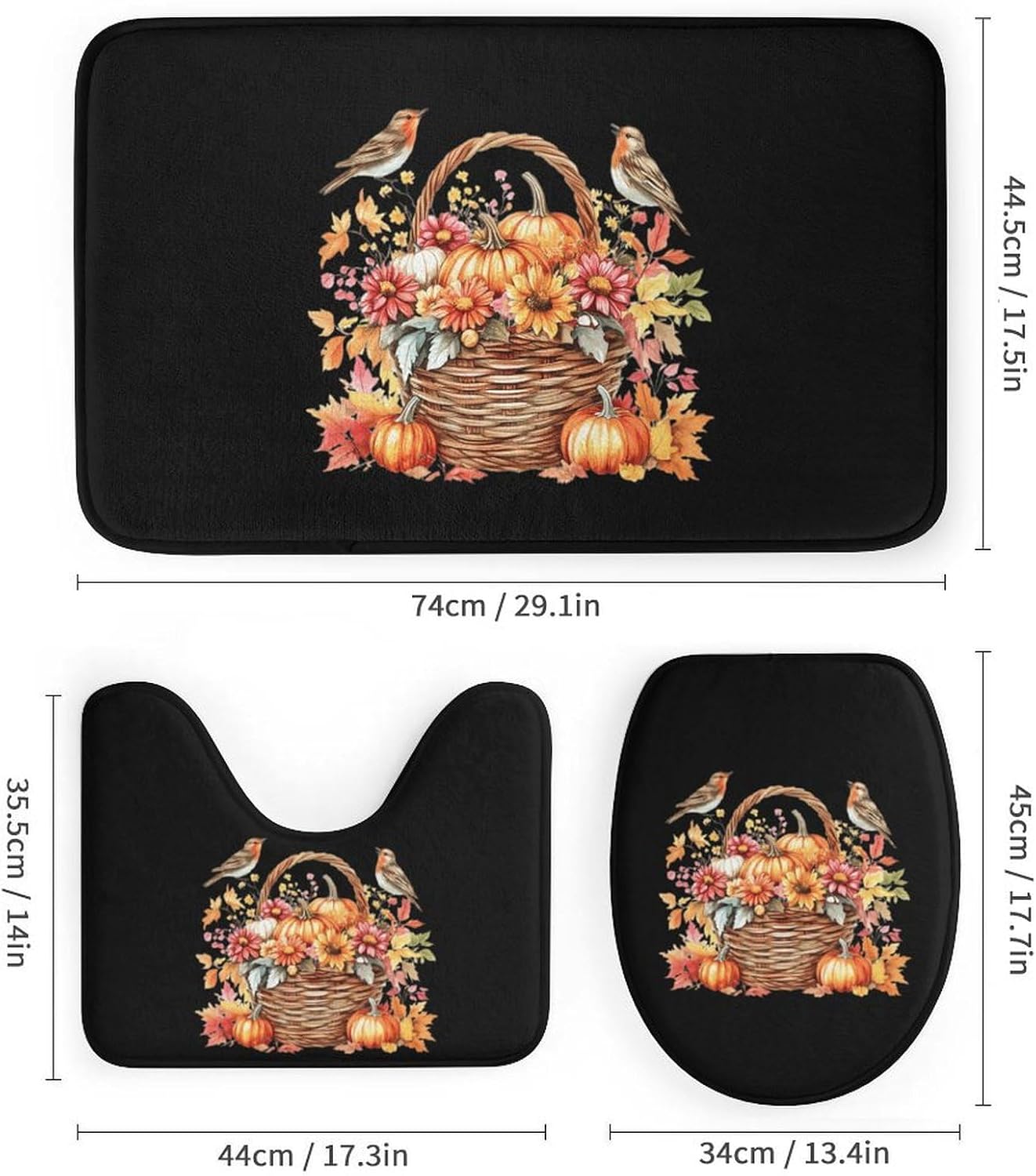 Autumn Harvest Pumpkin Flowers Birds Modern Bathroom Sets with Shower Curtain and Rugs Decor 4 Pcs with 12 Hooks