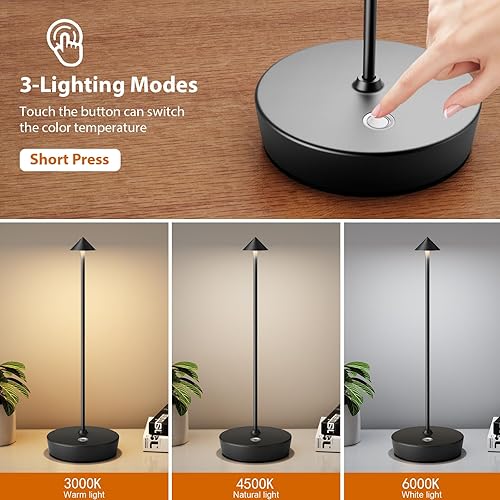 Miniatura 3 de Paquete de 2 lámparas de mesa inalámbricas recargables, batería LED portátil de 6000 mAh, lámpara de escritorio USB de metal, 3 niveles de luz de