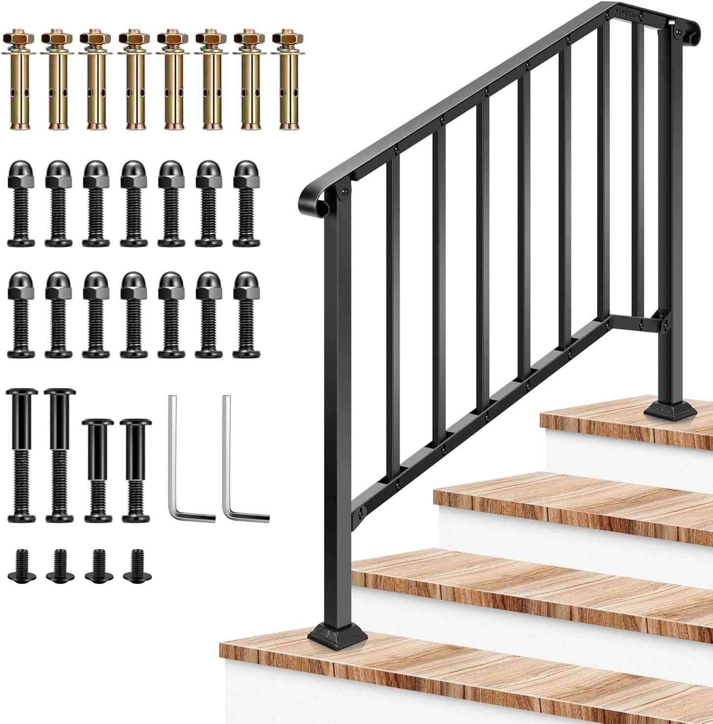 VIVOSUN 4-Step Outdoor Stair Handrail 54x36", Adjustable Wrought Iron Railing with Curved Ends & Balusters for Porch, Concrete Steps, Easy Install Black