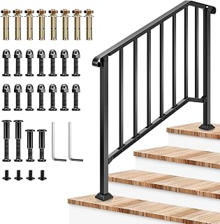 VIVOSUN 4-Step Outdoor Stair Handrail 54x36", Adjustable Wrought Iron Railing with Curved Ends & Balusters for Porch, Concrete Steps, Easy Install Black