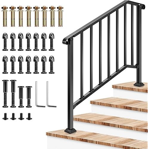 VIVOSUN Outdoor Handrail, 4 Step Stair Handrail, 54" x 36" Fits 1 to 4 Steps, Wrought Mattle Iron Stair Railing with Curved Ends and Balusters for Concrete Steps, Porch Steps, One-Step Assembly, Black