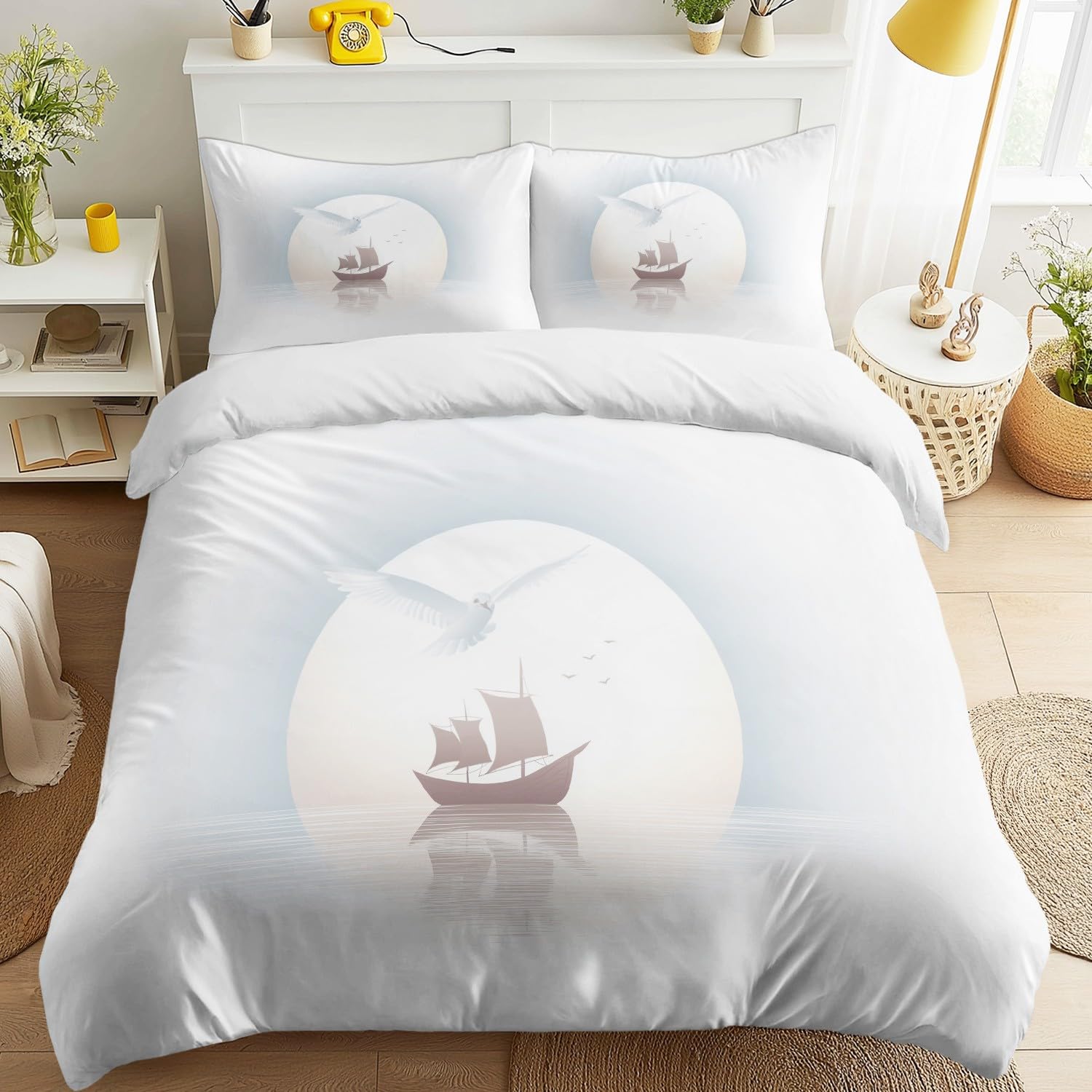 Genérico Funda Nordica Cama 135-200 x 200 cm, Suave Microfibra Juego de Funda Edredon, Grácil Velero Gaviota Luna para Niños, Blanco, Minimalista, Reversible, Agradable para la Piel