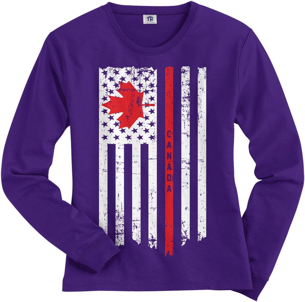 Threadrock Women's Canada USA Canadian American Flag Long Sleeve T-Shirt