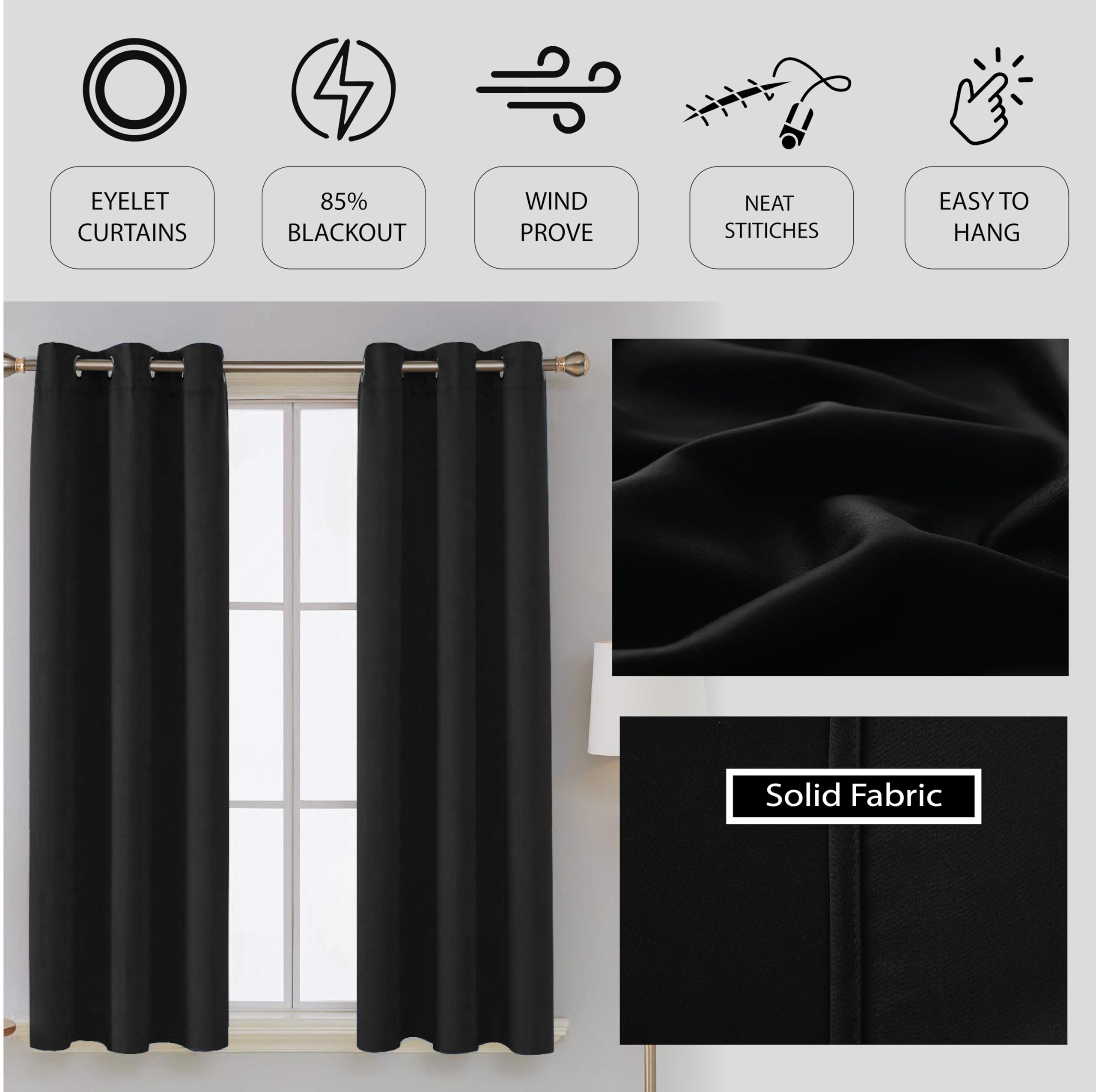 funky gadgets Blackout Curtains for Bedroom 72 Inch Drop Thermal Insulated Eyelet Curtains & Drapes Black Out Curtain for Kitchen Living Room 2 Panels (90x72 Inch Black) - Image 4