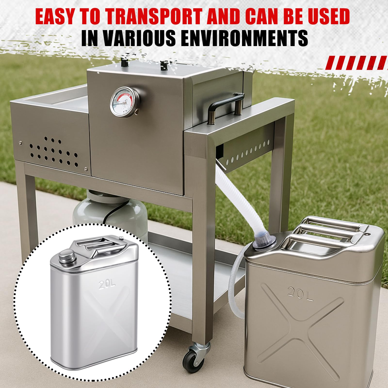Blulu 2 latas de almacenamiento de aceite de cocina de acero inoxidable de 5 galones, distribuidor comercial 304 de seguridad alimentaria, contenedor de almacenamiento de aceite con tubo guía y tapa